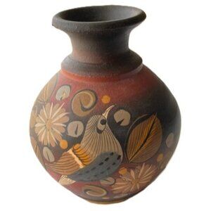 Vintage Hand Painted MEXICAN FOLK ART Birds Paradise Pottery Vase Tonalá 5.25 in